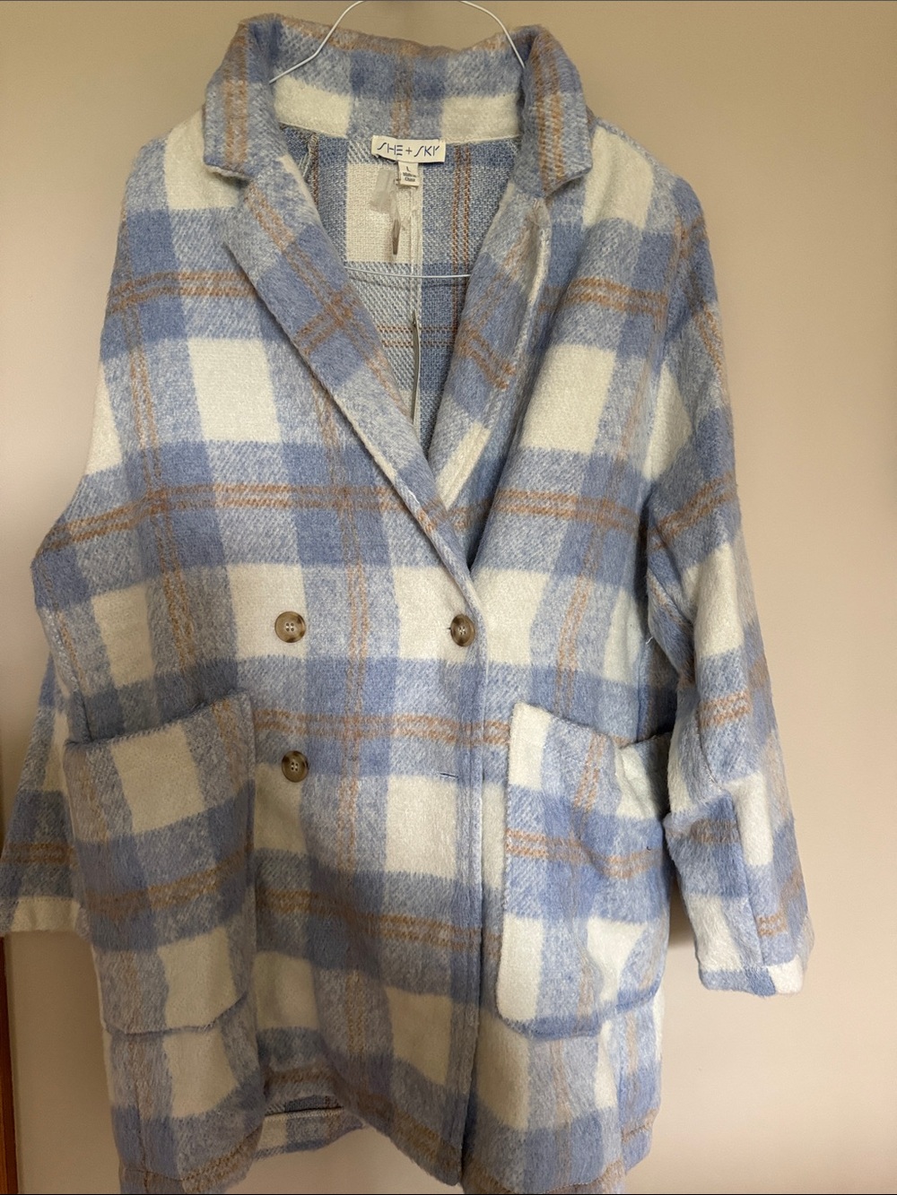 She + Sky Blue, White & Tan Plaid Double-Breasted Pea Coat Size Large